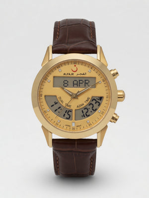 Gold watch with brown leather strap on a white background